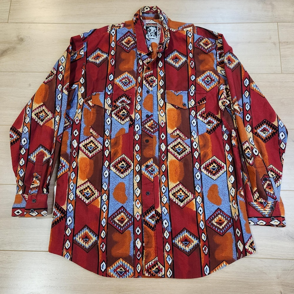 Vintage Karman Western Shirt Mens XL Multicolor Geometric Button Up Long Sleeve